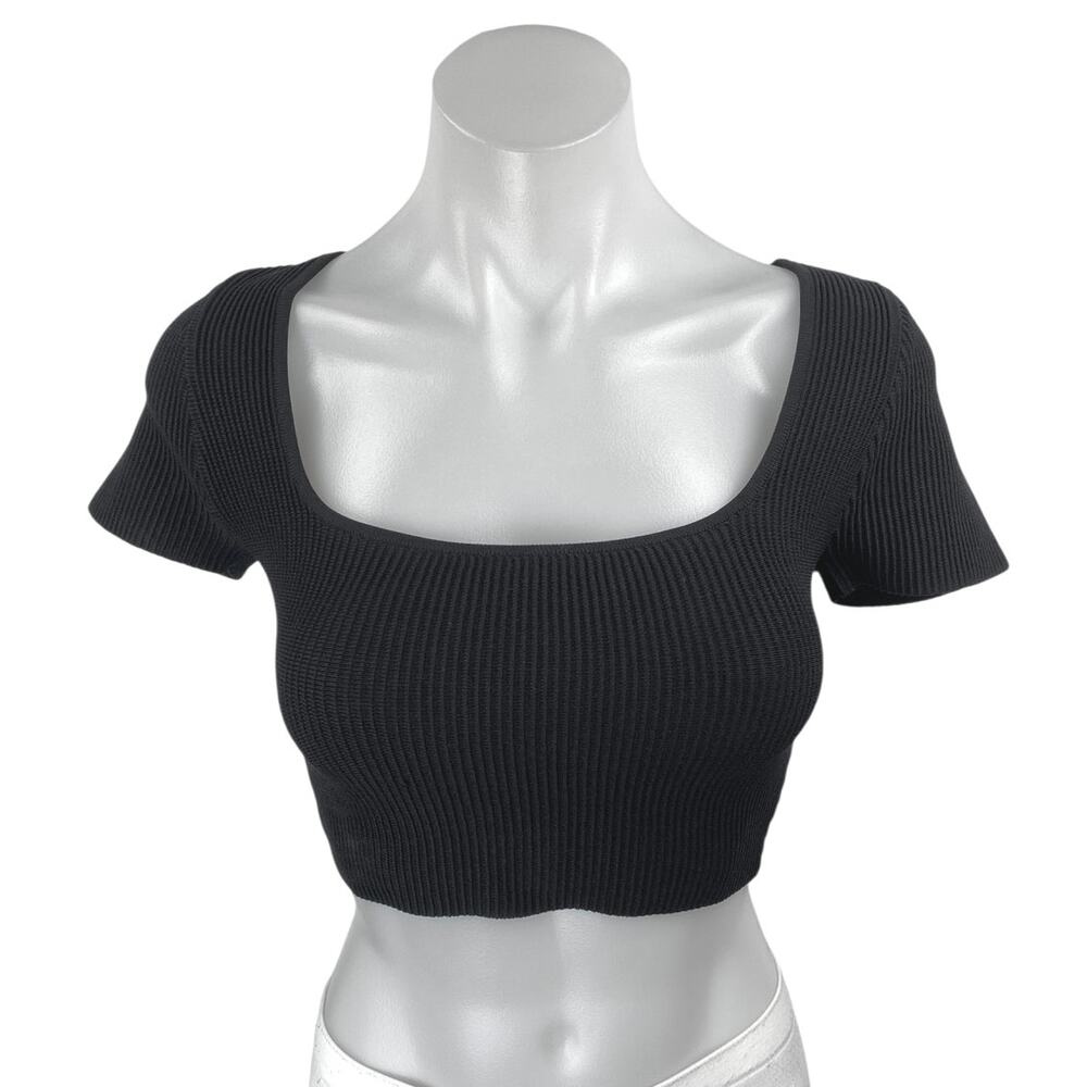 Aritzia Babaton Black Short Sleeve Ribbed Knit Square Neck Tee Crop Top Size S